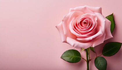 A Beautiful Pink Rose With Leaves On A Light Pink Background