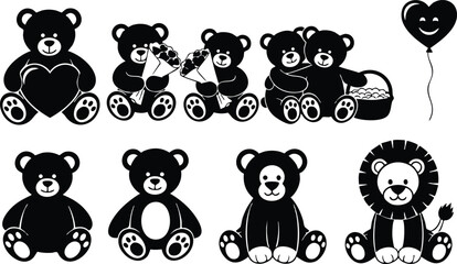 Fototapeta premium Black silhouette teddy bears holding heart and flower bouquets sitting together with smiling balloon and lion cub vector set of cute toy animals in flat design style