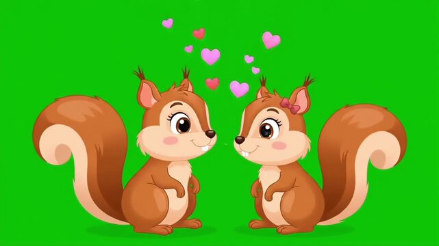 Two cartoon squirrels with hearts floating above their heads on a green screen background.