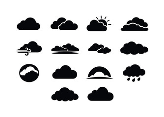 Cloud Icon Set. Cloudy Sky. Solid icon set of Cloudy Sky: cloud, overcast cloud, sun behind cloud, layered clouds, wind cloud, gray sky horizon, drifting