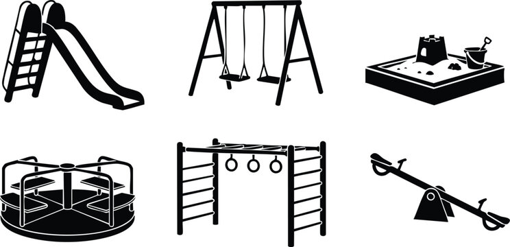 Minimalist vector icons set showing playground equipment close up top view slide swing sandbox seesaw roundabout rings ladder black silhouette isolated on white flat clean background