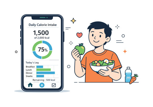 Calorie Tracking App. Daily calorie intake chart. A smartphone screen displaying calorie progress with a friendly character holding healthy food nearby. Sense