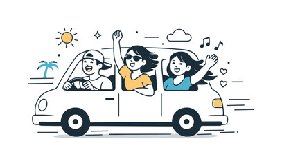 Carefree Road Trip. Road trip vibes. Friends riding in a car with windows open, wind and motion lines around. Joyful energy, laughter, and carefree travel