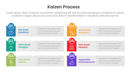 kaizen process infographic with long rectangle shape symmetric with 6 step points for slide presentation