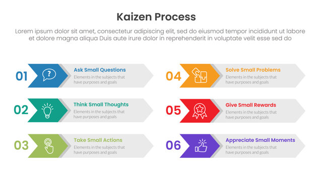 kaizen process infographic with box table arrow shape with 6 step points for slide presentation