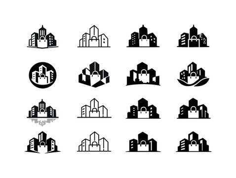 Mixed-Use Complex Logos. Mixed-use complex. Icon set. Set Logo of mixed-use complex: skyline with mixed icons. harmonious logo variations of the same