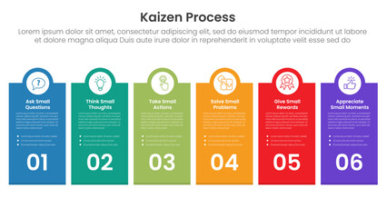 kaizen process infographic with big box vertical and circle on top with 6 step points for slide presentation