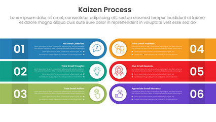 Fototapeta premium kaizen process infographic with round rectangle box opposite direction with 6 step points for slide presentation