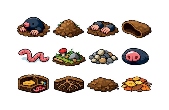 Colorful Mole Icons. Mole. Colorful isometric vector icons set of mole: burrowing mole, molehill mound, digging paws, soil tunnel, earthworm, forest floor