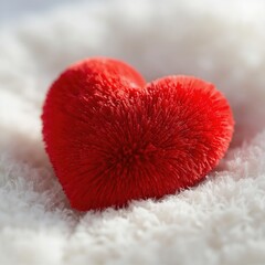 A vivid red spiky heart rests on soft white fluff. The vibrant spiky heart contrasts sharply with the soft fluffy white background surrounding it.