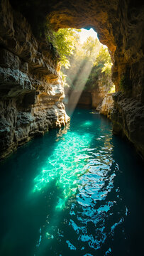Sun Rays Illuminating Turquoise Water Inside Natural Cave
