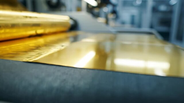 Industrial manufacturing process of shiny gold foil roll. Luxury packaging production, electronics manufacturing, or high-tech material processing