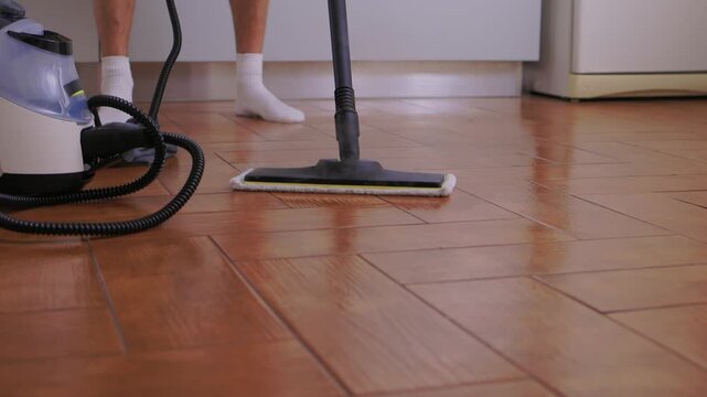 Professional parqueting cleaning visuals, Ecofriendly vapor cleaning for wooden floors, Scene showcasing deep cleaning technology with vapor and steaming effect on wooden flooring