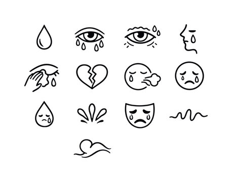 Tearful Emotions Icons. Tearful emotions. Line icon set of Tearful emotions: single tear, streaming tears, trembling eye, tear trail, hand wiping tear, cracked