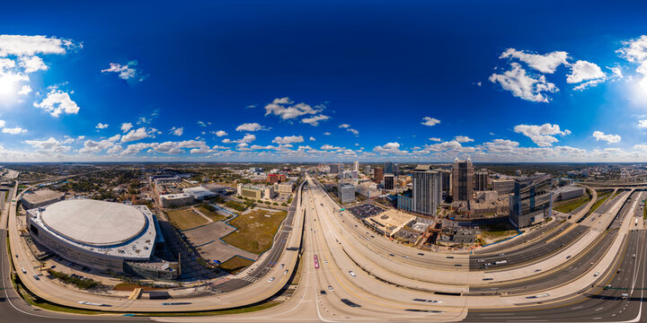 Aerial 360 Downtown Orlando and I4 interchange highway