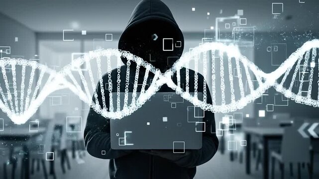 Cyber Intrusion: An enigmatic figure, veiled in a shadowy hood, commands a laptop, entwined with a luminous DNA strand. Capturing the essence of digital infiltration, genetic intrusion.