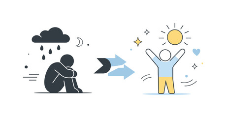 Calm Mood Transformation. Mood transformation. Soft gradients implied through shape placement as elements shift from dark to light accents. Abstract, calm