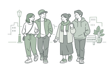  Close friends enjoying a calm walk through the city, easy pace and gentle gestures suggesting comfort and