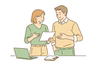 Colleagues collaborating on a shared task, standing side by side and exchanging thoughts with gentle gestures