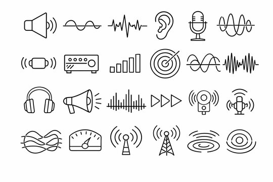 Line style icons of subsonic signaling: speaker, low-frequency wave, waveform line, ear silhouette, microphone,