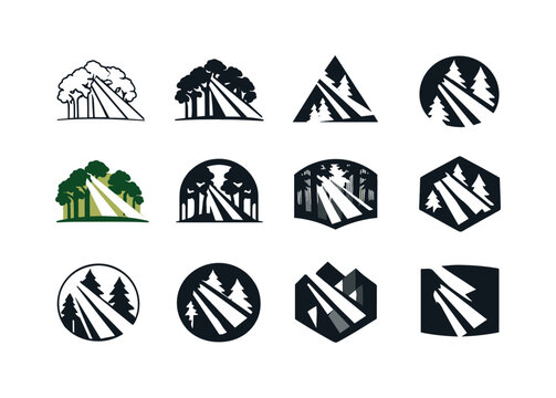 Light Ray Icons. light ray through trees. Icon set. Set Logo of light ray through trees: diagonal light streak. harmonious logo variations of the