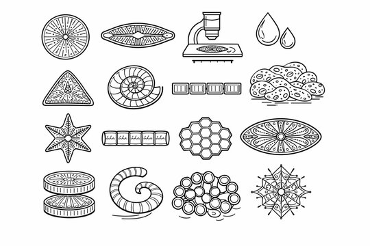 Line style icons of microscopic diatoms: diatom shape, silica frustule, intricate pattern, microscopic lens,
