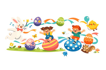 Fototapeta premium Playful Bunny Parade. Open spring park scene showing a playful bunny leading children through a trail of floating eggs and ribbons