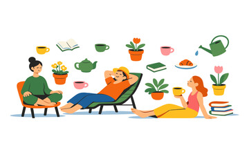Obraz premium Spring terrace scene designed for stillness where figures pause among hovering plants, books, and cups frozen