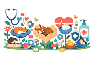 Naklejka premium Spring meadow reimagined as a protection landscape where animals rest safely while care-related shapes grow like