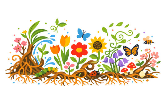 Early spring field transforming rapidly as dormant elements spring into colorful active forms, roots rising,