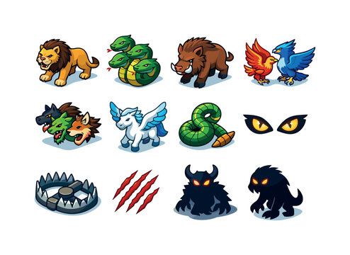 Legendary Creature Icons. Legendary Creatures. Colorful isometric vector icons set of Legendary Creatures: Nemean lion, Hydra heads, giant boar, flying birds,