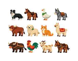 Fototapeta premium Working Farm Animal Icons. Working Farm Animals. Colorful flat vector icons set of Working Farm Animals: border collie, cattle horse, guard goose, herding