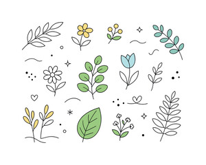 Minimalist Botanical Elegance. Botanical vector set. A clean collection of simple plants and leaves arranged with generous spacing, calm organic shapes