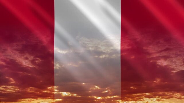 Flag of Peru waving against a vibrant sunset, creating a patriotic and inspiring atmosphere with warm tones.