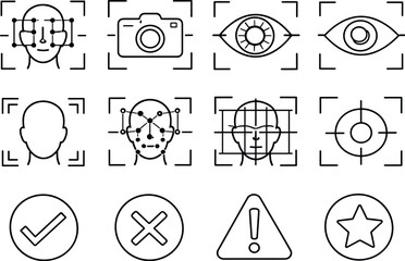Line style vector icons of Facial recognition system: face id, camera scan, iris scan, eye scan; detection box,