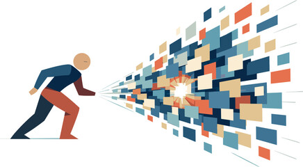 Single abstract geometric human figure leans as data blocks multiply and accelerate toward center conveying