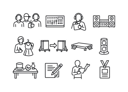 Stage Production Icons. Stage Production. Line icon set of Stage Production: production crew icon, lighting board, stage manager, sound system, costume