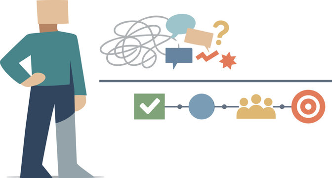 Calm abstract geometric human figure stands beside single aligned connection reframing online collaboration