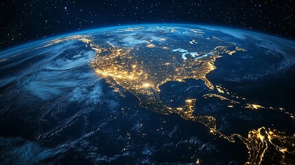 Obraz premium Aerial view of the Earth at night featuring glowing cities in North America