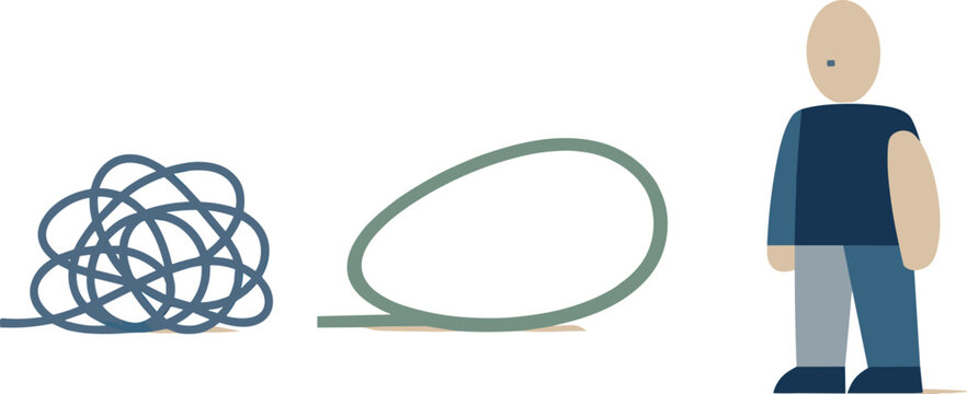 Calm abstract geometric figure stands beside loosened simplified loop in wide white space reframing digital dependency