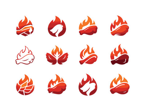 Chicken Wing Icons. Chicken wings. Icon set. Set Logo of chicken wings: chicken wing with flame. harmonious logo variations of the same emblematic concept,