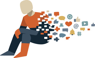 Dissolving Identity Patterns. Abstract geometric human figure partially dissolves into repeating distraction symbols becoming