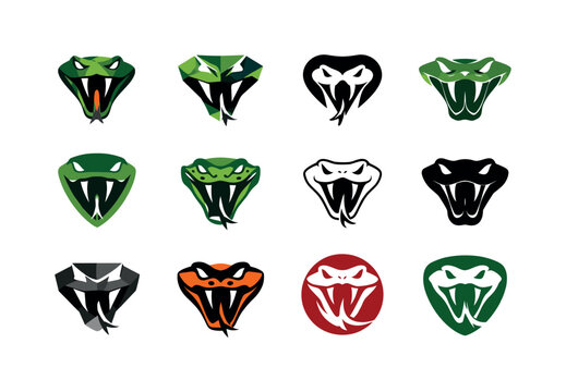 Predator Logo Collection. Fierce predators. Icon set. Set Logo of fierce predators: striking snake. harmonious logo variations of the same emblematic concept,