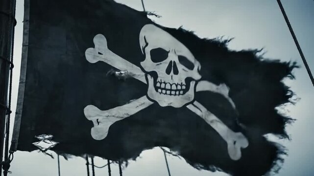 Tattered Black Pirate Flag Blowing In Wind