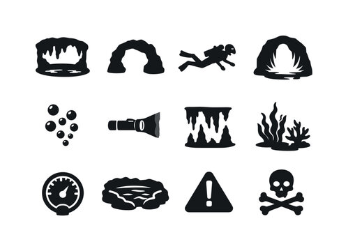 Mystic Grotto Icons. Mystic Underwater Grotto. Solid icon set of Mystic Underwater Grotto: grotto chamber, rock arch, diver silhouette, glowing cave opening,