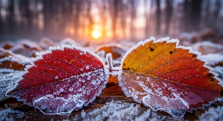 Two frosted autumn leaves with sunrise in the background, close-up macro shot