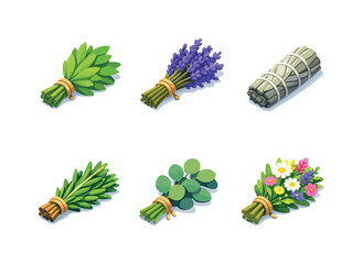 Herbal Bundle Icons. Herbal Bundles. Isometric flat vector icons set of Herbal Bundles: tied herb bundle, dried lavender bunch, sage smudge stick, rosemary
