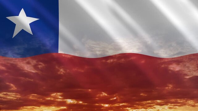Flag of Chile waving against a vibrant sunset, creating a patriotic and inspiring atmosphere with warm tones.