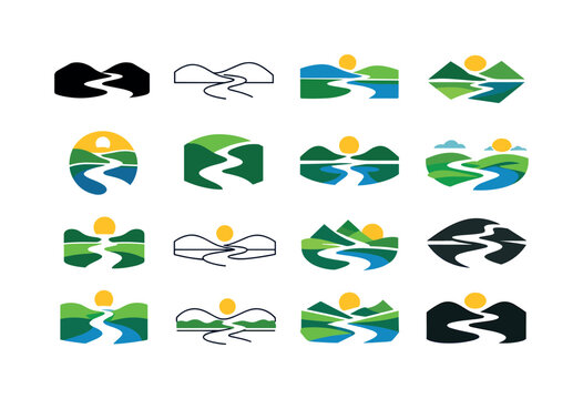 Iconic Lowland River Logos. Lowland. Icon set. Set Logo of Lowland: river across low plain. harmonious logo variations of the same emblematic concept, each