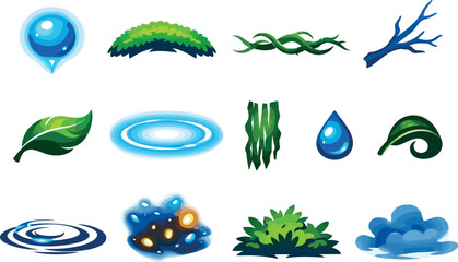 Two-Color vector icons of foxfire in dark forest: glowing foxfire bead, moss patch arc, twisted root line, branch silhouette,